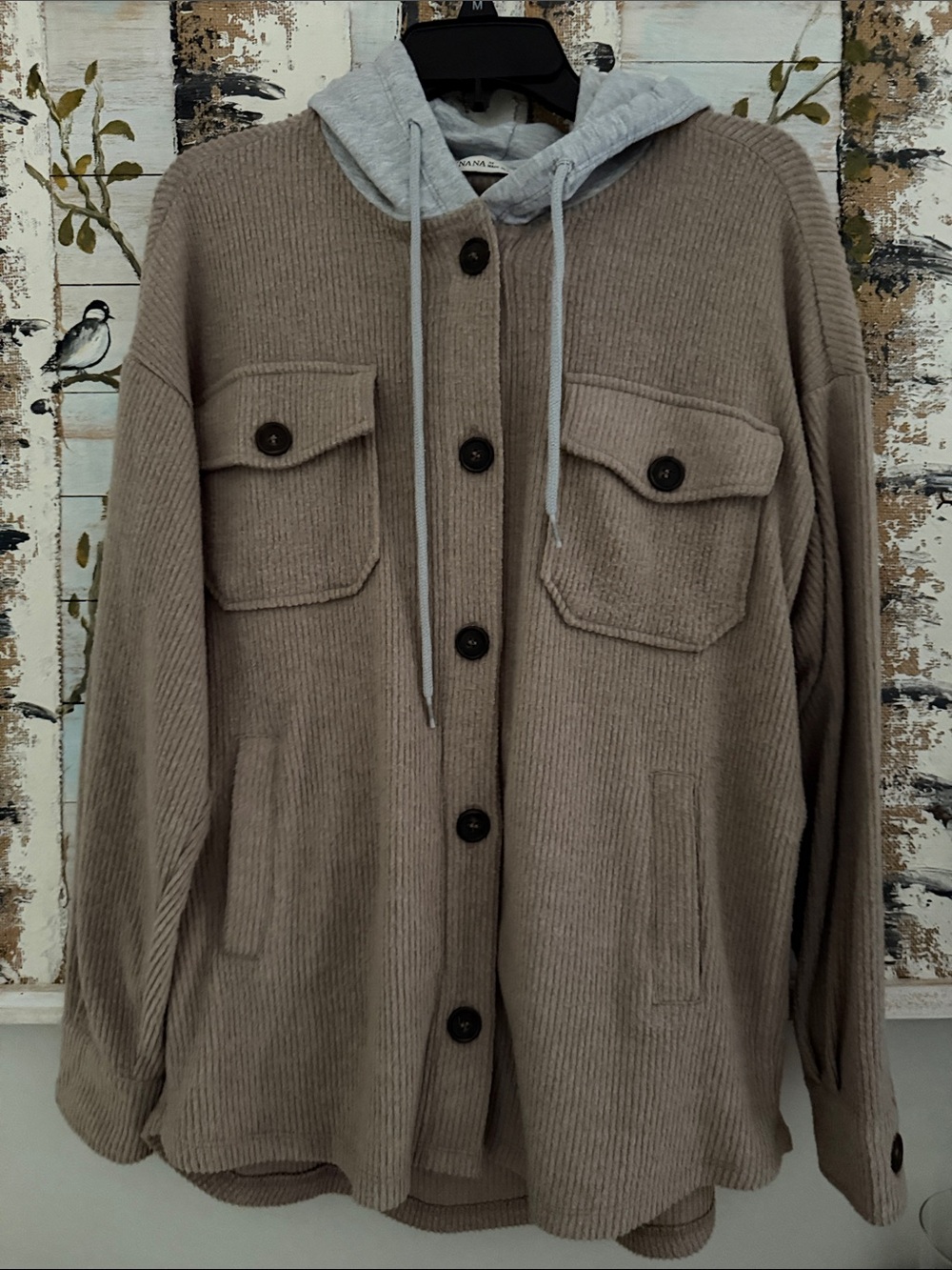 Zenana Outfitters Taupe Ribbed Shacket with Gray Hoodie